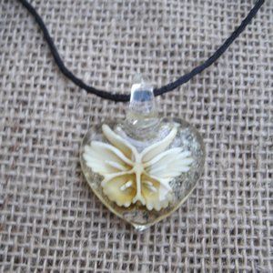 Glow in the Dark Murano Glass Butterfly Heart Pendant Necklace